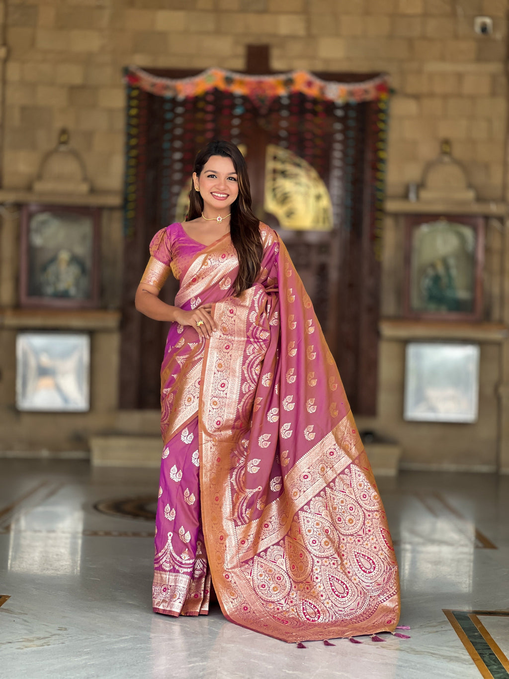 Vedant Vastram Soft Litchi Silk Banarasi Silk Jacquard Saree - Purple