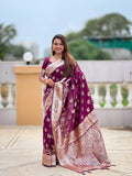 Vedant Vastram Soft Litchi Silk Banarasi Silk Jacquard Saree - Wine