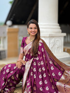 Vedant Vastram Soft Litchi Silk Banarasi Silk Jacquard Saree - Wine
