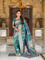 Vedant Vastram Soft Litchi Silk Banarasi Silk Jacquard Saree - Aqua