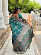 Vedant Vastram Soft Litchi Silk Banarasi Silk Jacquard Saree - Aqua