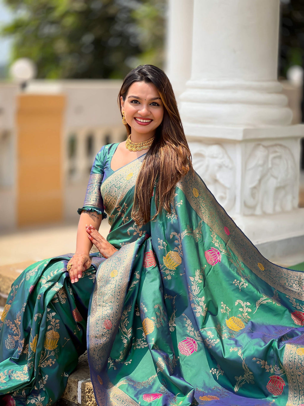 Vedant Vastram Soft Litchi Silk Banarasi Silk Jacquard Saree - Aqua