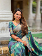 Vedant Vastram Soft Litchi Silk Banarasi Silk Jacquard Saree - Aqua