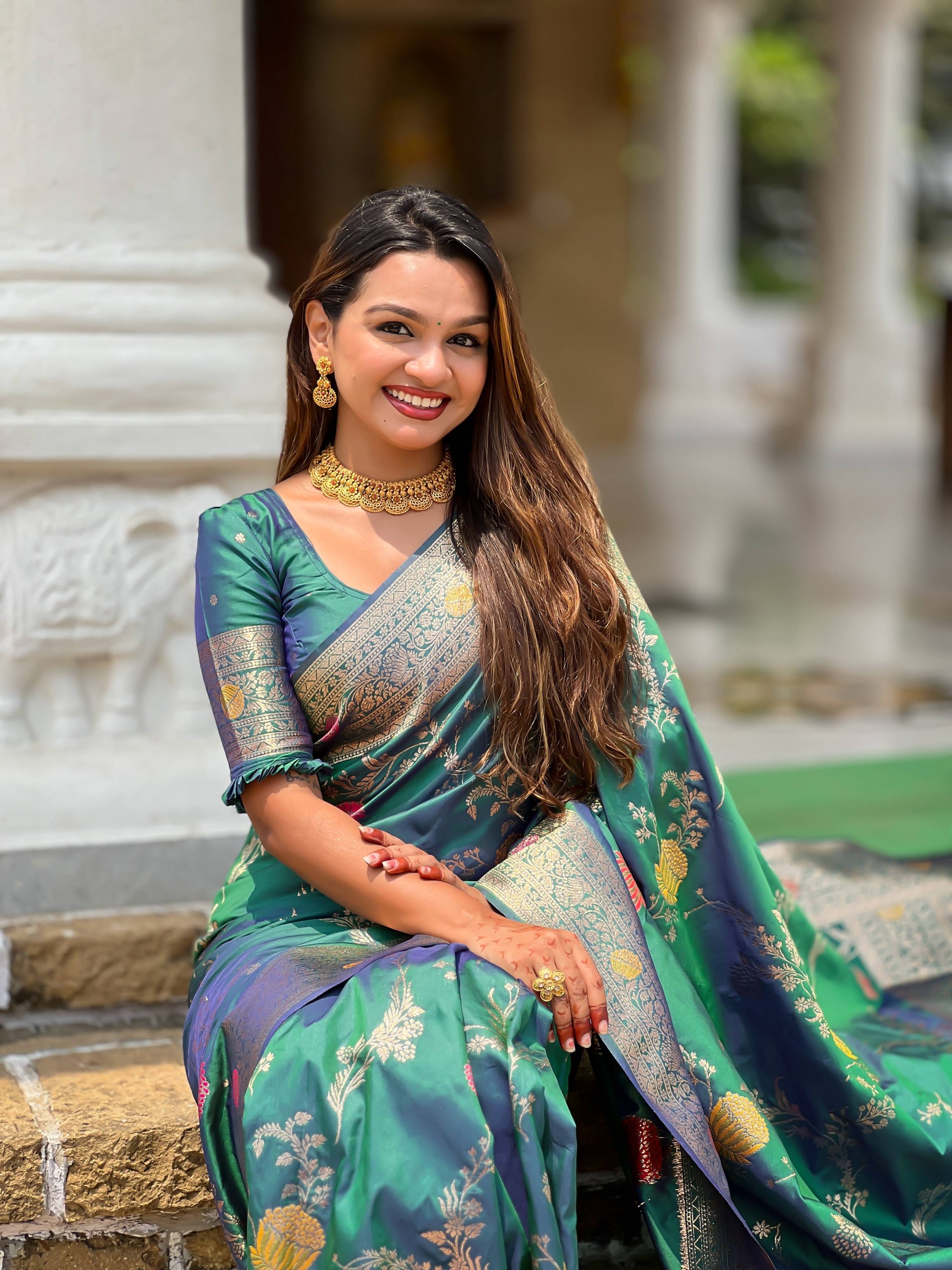 Vedant Vastram Soft Litchi Silk Banarasi Silk Jacquard Saree - Aqua