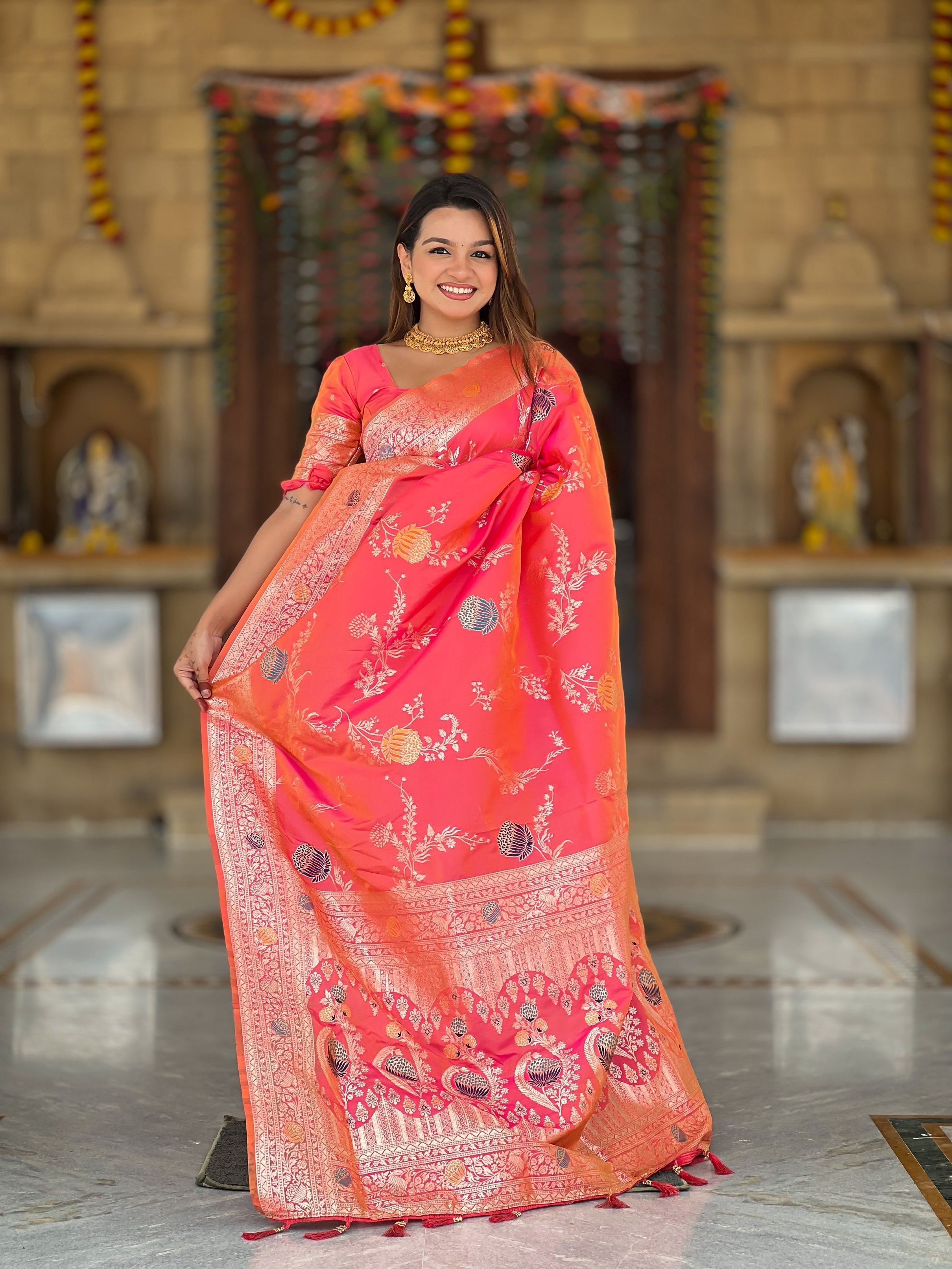 Vedant Vastram Soft Litchi Silk Banarasi Silk Jacquard Saree - Gajri