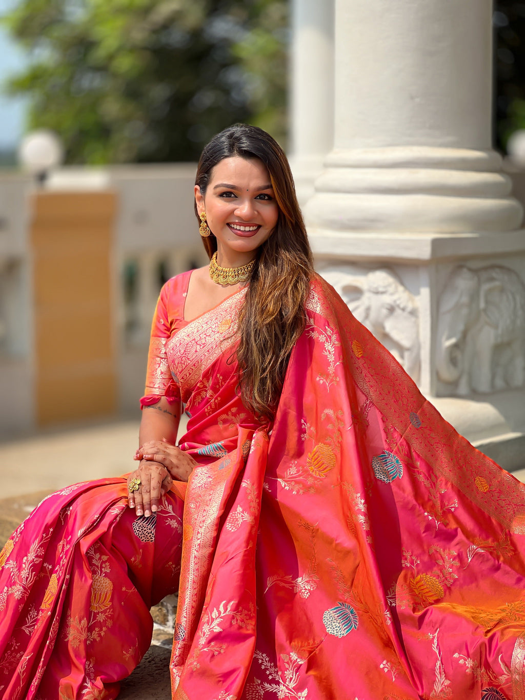 Vedant Vastram Soft Litchi Silk Banarasi Silk Jacquard Saree - Gajri