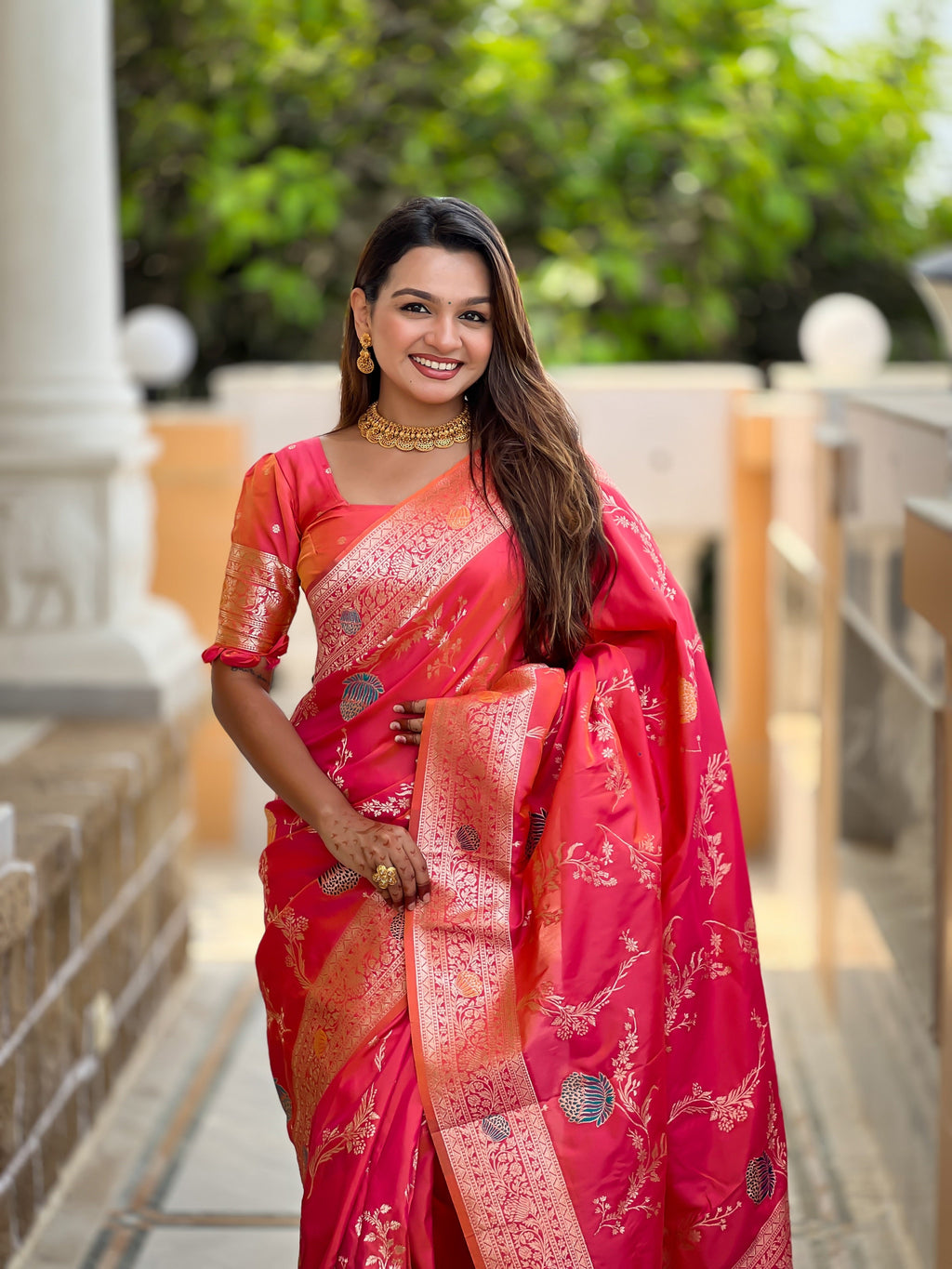 Vedant Vastram Soft Litchi Silk Banarasi Silk Jacquard Saree - Gajri