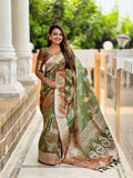 Vedant Vastram Soft Litchi Silk Banarasi Silk Jacquard Saree - Mahendi
