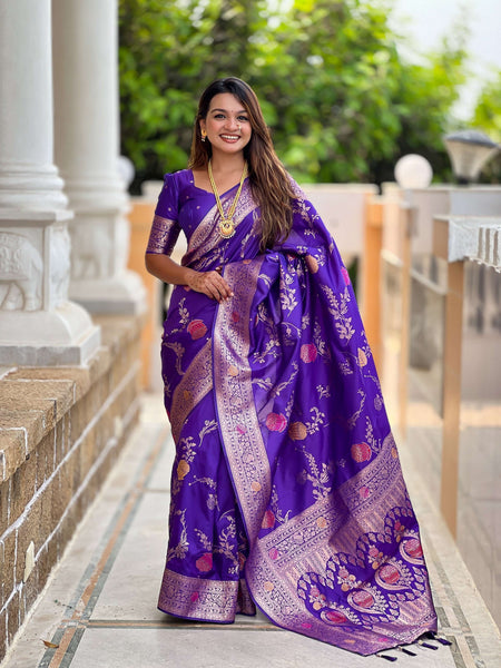 Vedant Vastram Soft Litchi Silk Banarasi Silk Jacquard Saree - Violet