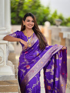 Vedant Vastram Soft Litchi Silk Banarasi Silk Jacquard Saree - Violet