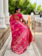 Vedant Vastram Soft Litchi Silk Banarasi Silk Jacquard Saree - Rani