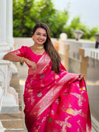 Vedant Vastram Soft Litchi Silk Banarasi Silk Jacquard Saree - Rani