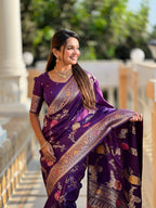 Vedant Vastram Soft Litchi Silk Banarasi Silk Jacquard Saree - Wine
