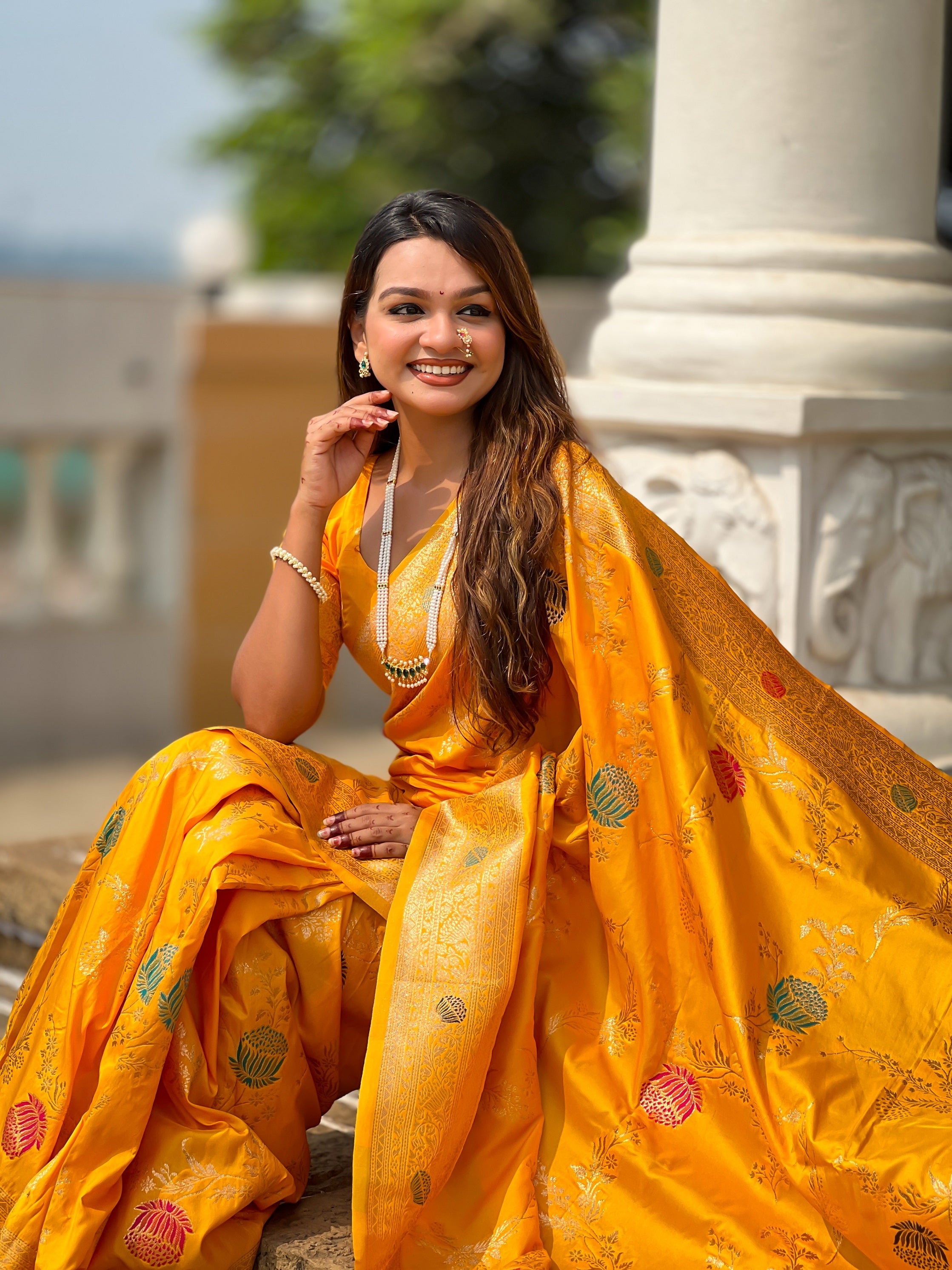 Vedant Vastram Soft Litchi Silk Banarasi Silk Jacquard Saree - Yellow