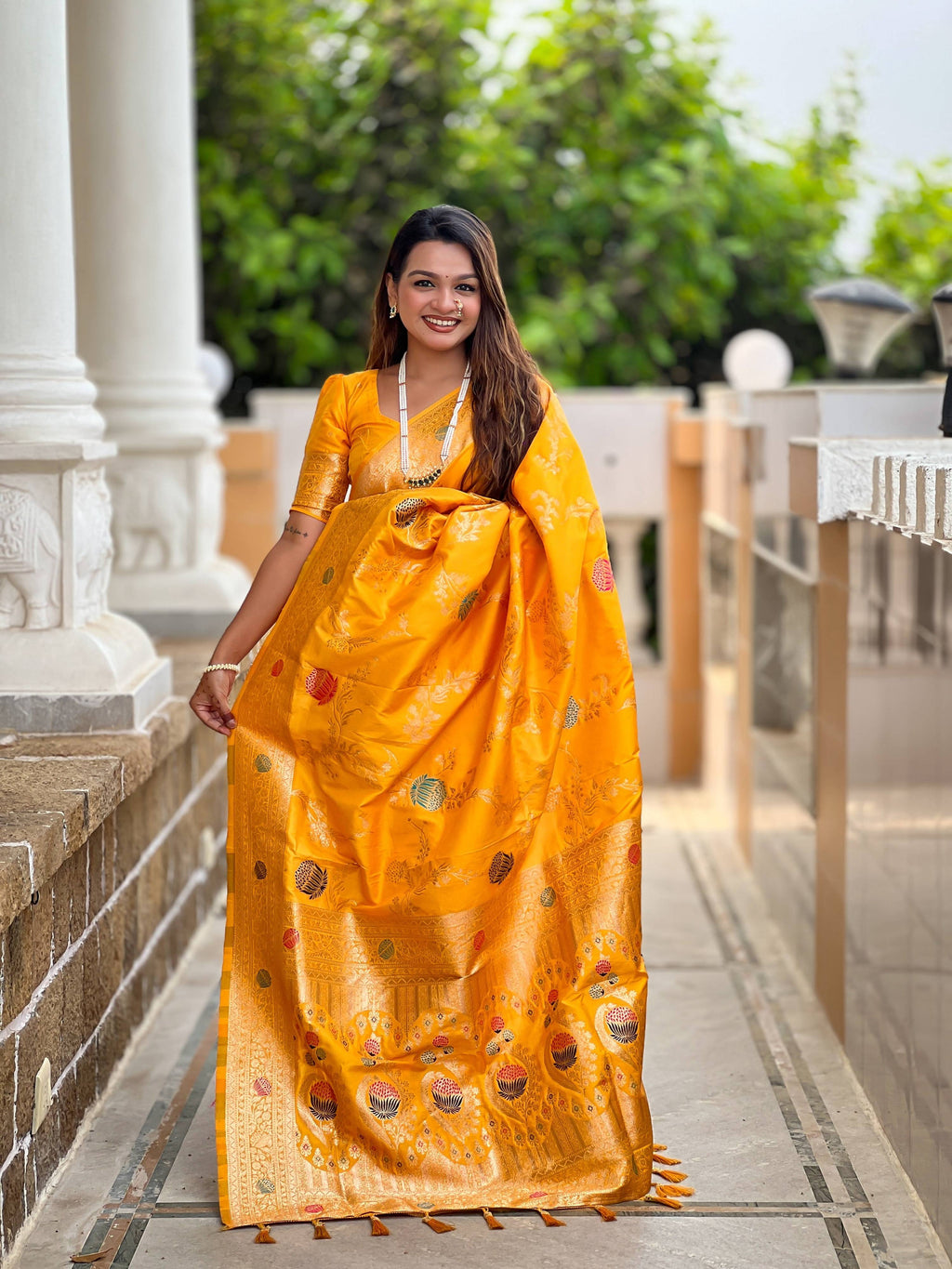 Vedant Vastram Soft Litchi Silk Banarasi Silk Jacquard Saree - Yellow