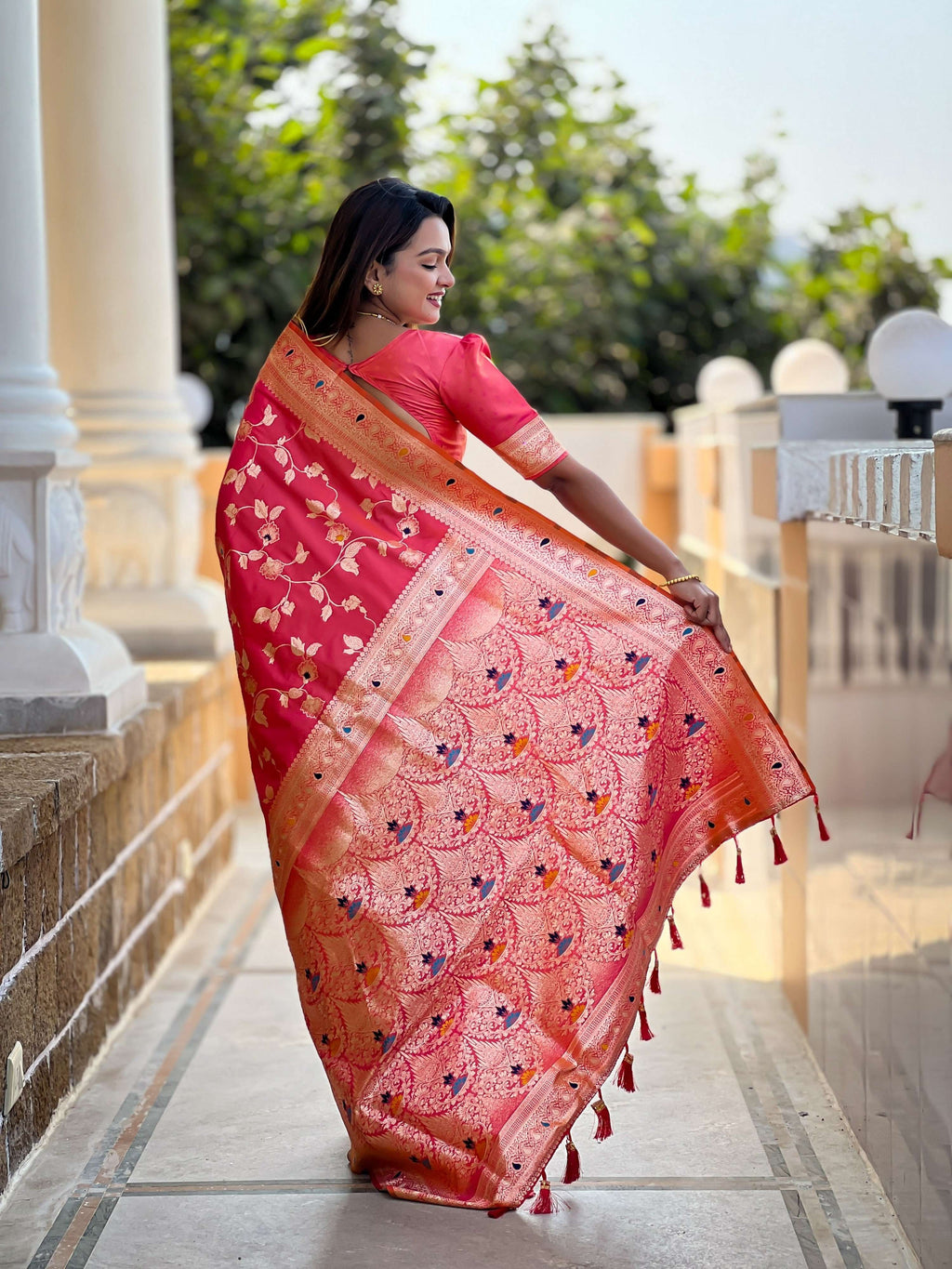 Vedant Vastram Soft Litchi Silk Banarasi Silk Jacquard Saree - Gajri