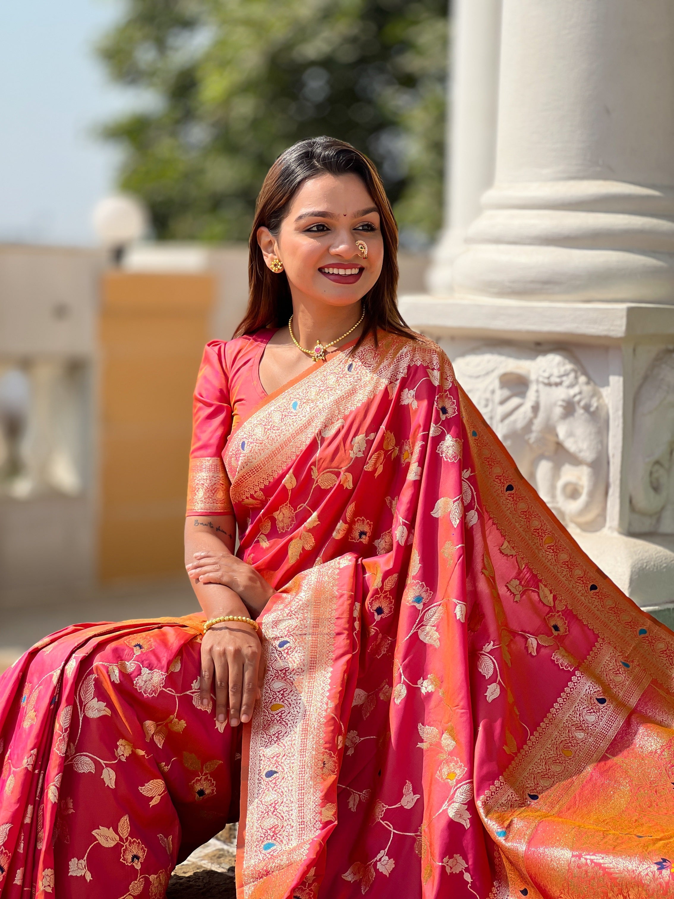 Vedant Vastram Soft Litchi Silk Banarasi Silk Jacquard Saree - Gajri