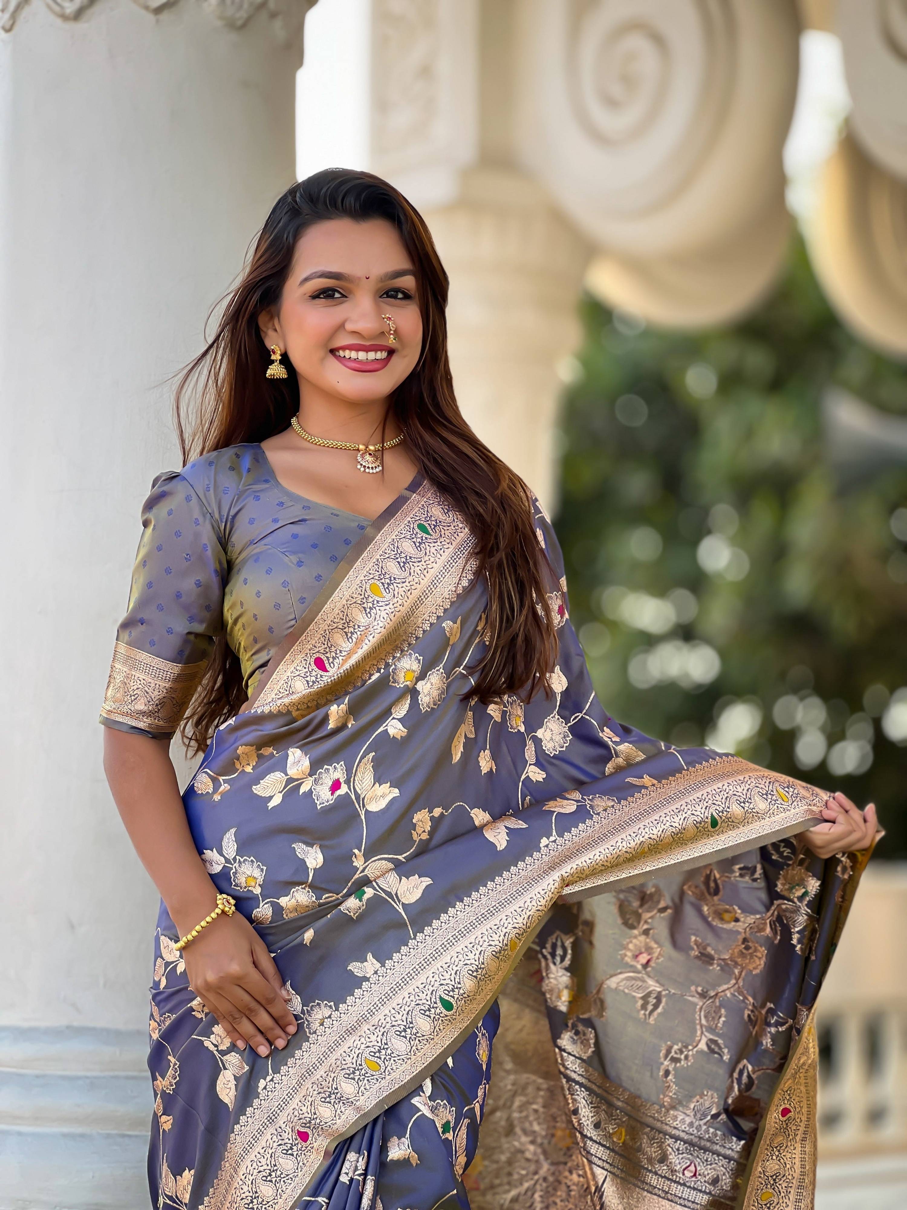 Vedant Vastram Soft Litchi Silk Banarasi Silk Jacquard Saree - Grey