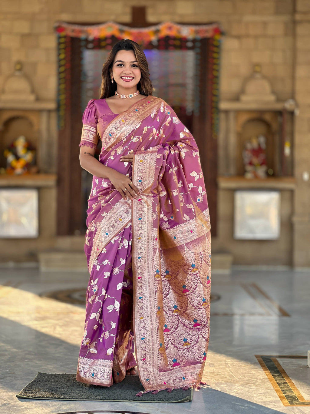 Vedant Vastram Soft Litchi Silk Banarasi Silk Jacquard Saree - Purple