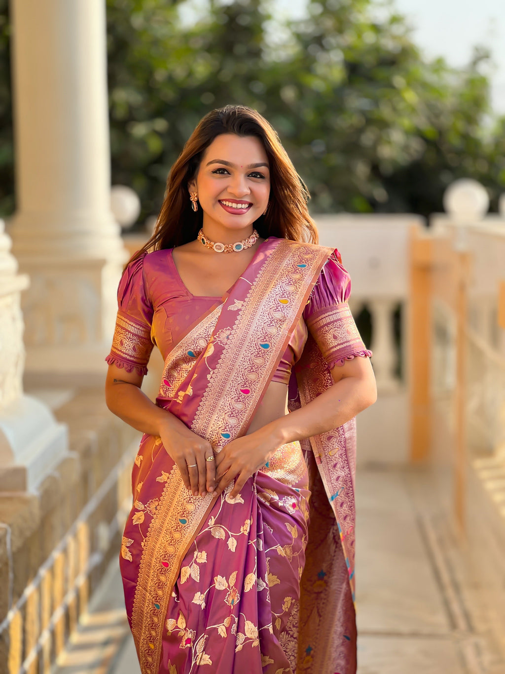 Vedant Vastram Soft Litchi Silk Banarasi Silk Jacquard Saree - Purple