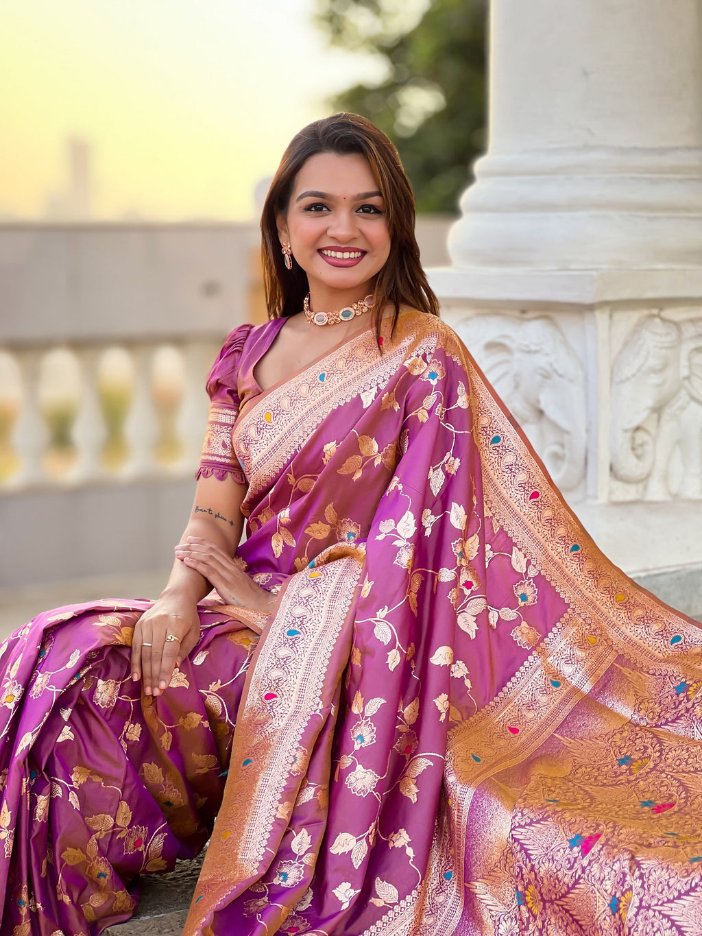 Vedant Vastram Soft Litchi Silk Banarasi Silk Jacquard Saree - Purple