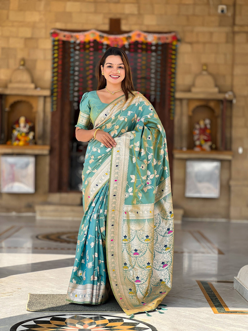 Vedant Vastram Soft Litchi Silk Banarasi Silk Jacquard Saree - Pista
