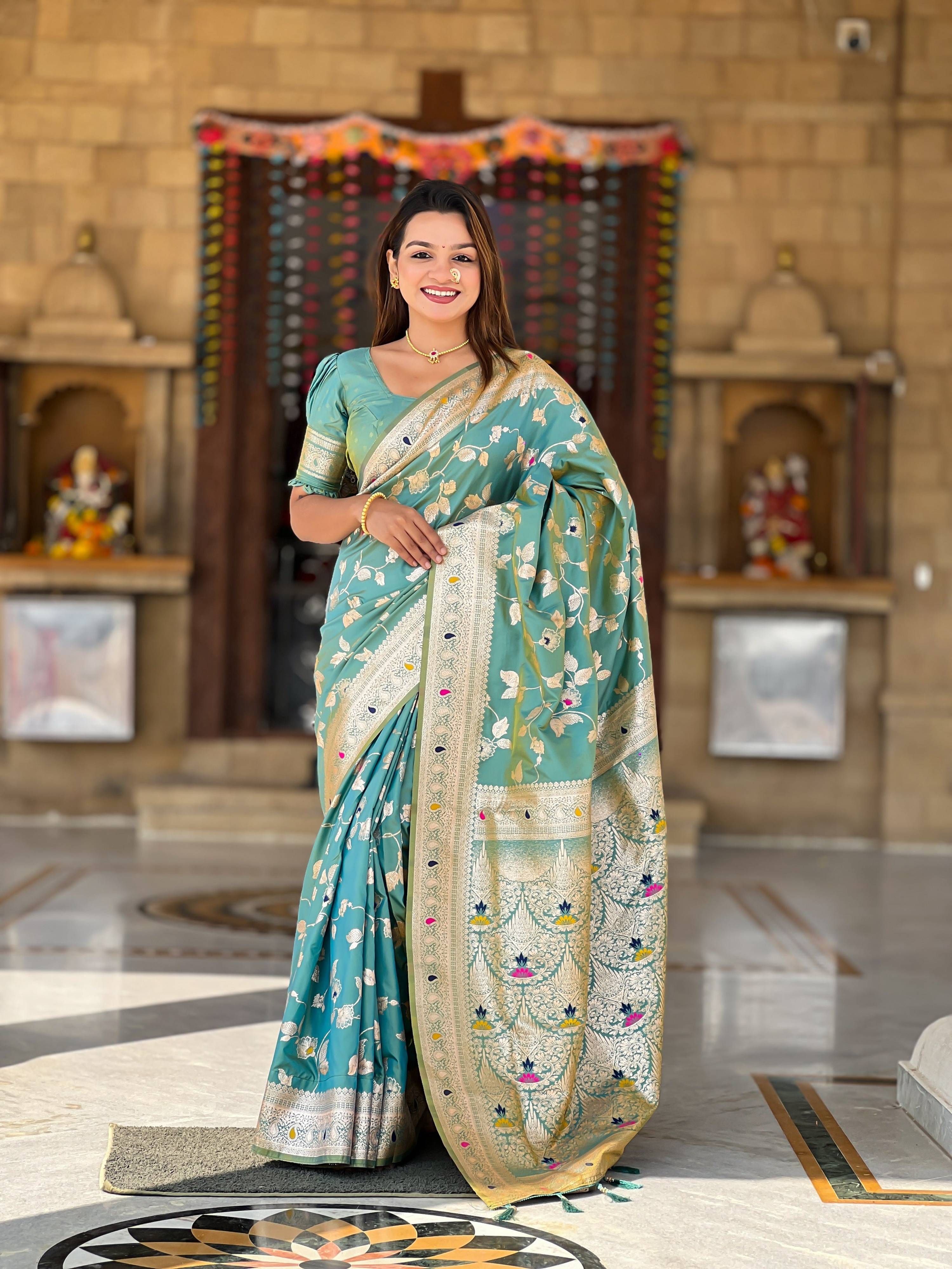 Vedant Vastram Soft Litchi Silk Banarasi Silk Jacquard Saree - Pista