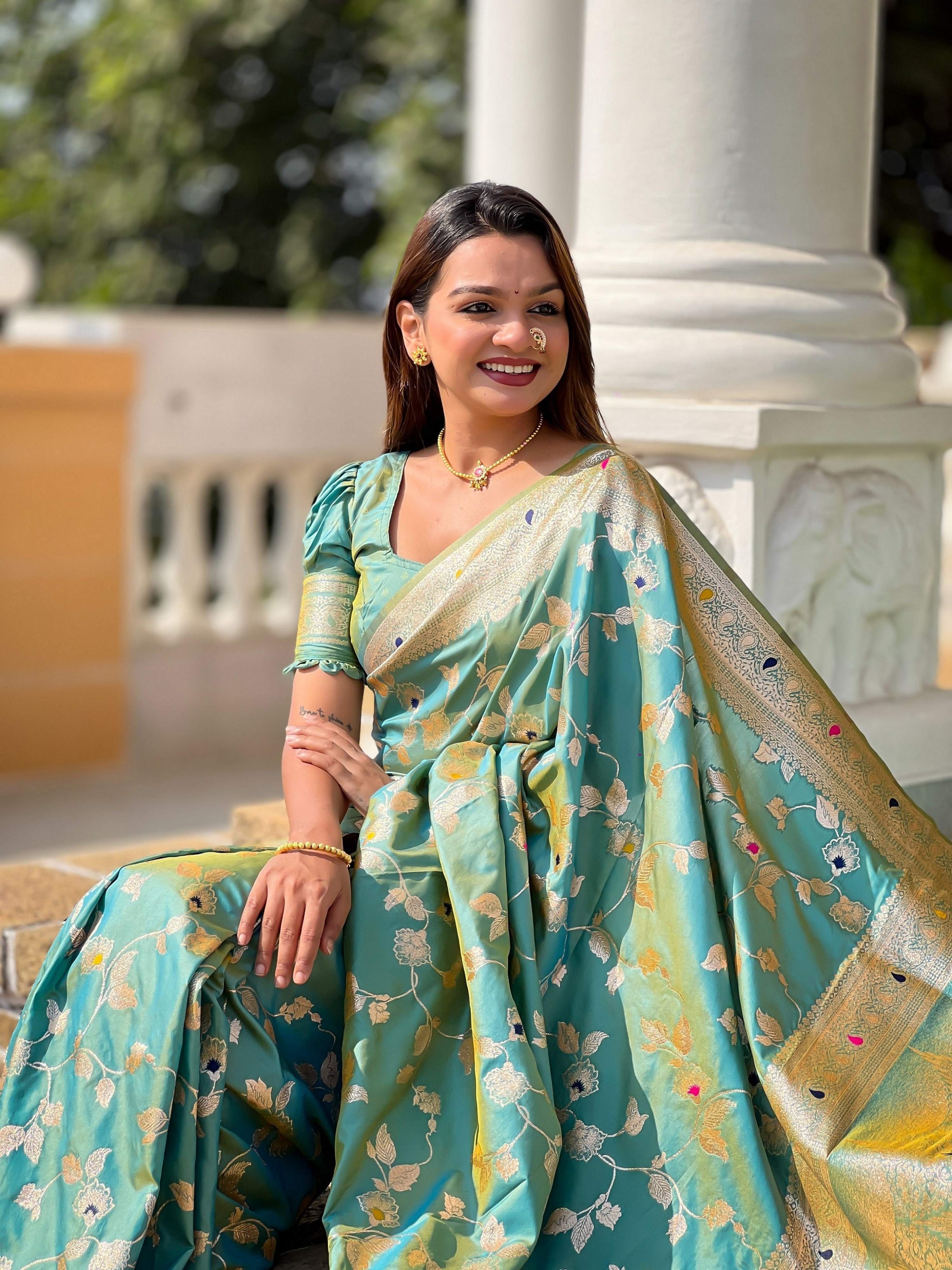 Vedant Vastram Soft Litchi Silk Banarasi Silk Jacquard Saree - Pista