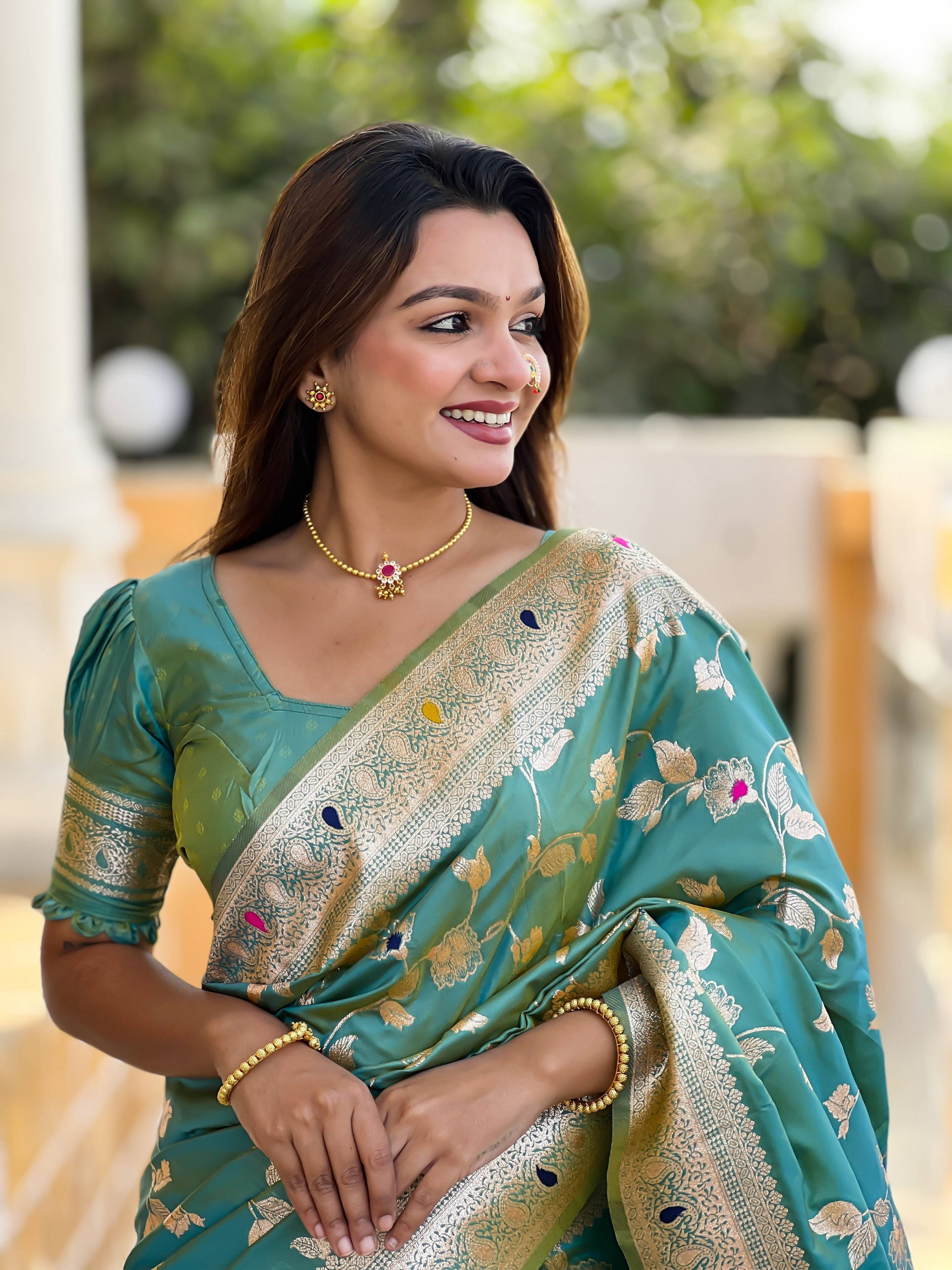 Vedant Vastram Soft Litchi Silk Banarasi Silk Jacquard Saree - Pista