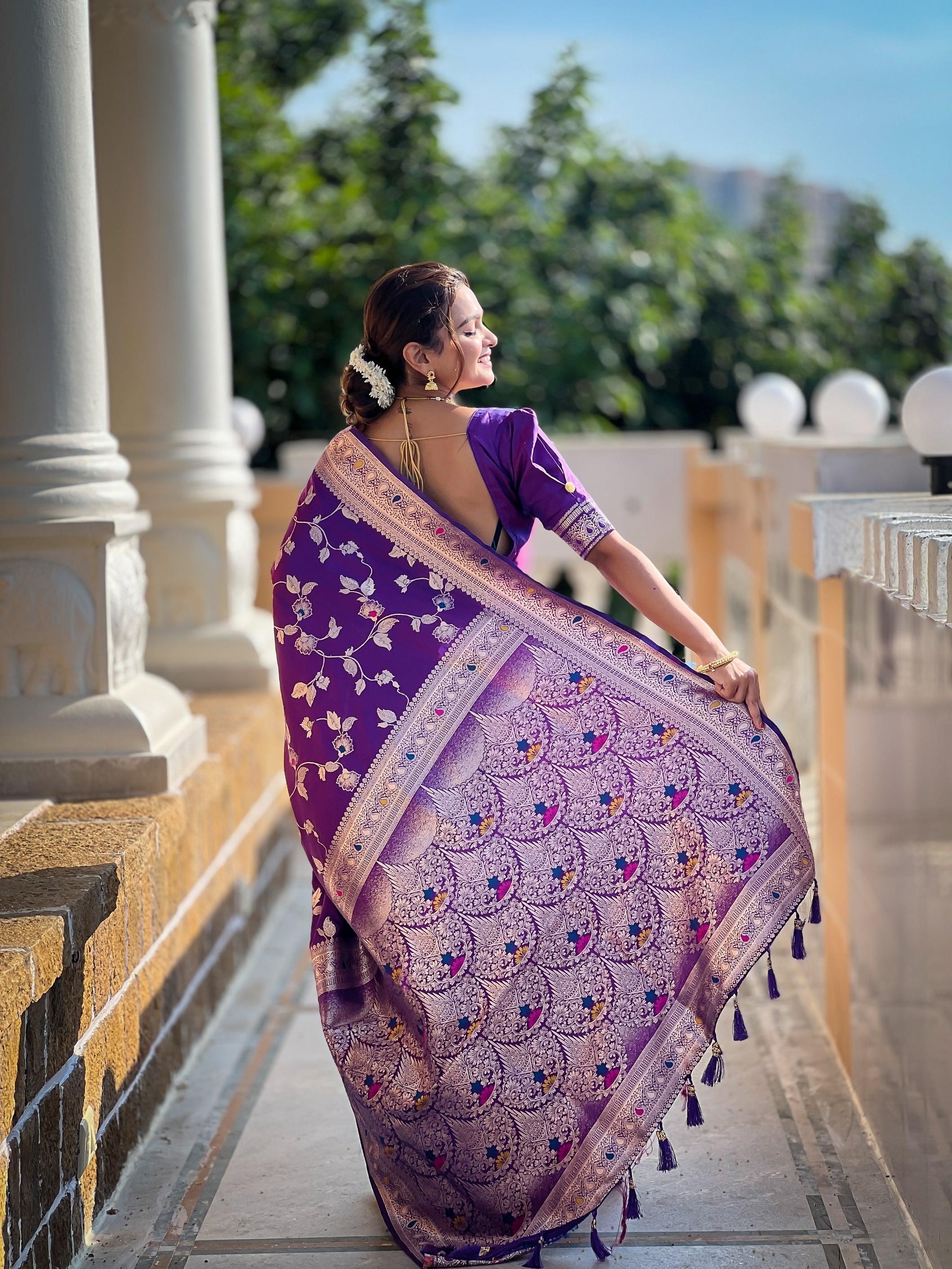 Vedant Vastram Soft Litchi Silk Banarasi Silk Jacquard Saree - Violet