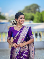 Vedant Vastram Soft Litchi Silk Banarasi Silk Jacquard Saree - Violet