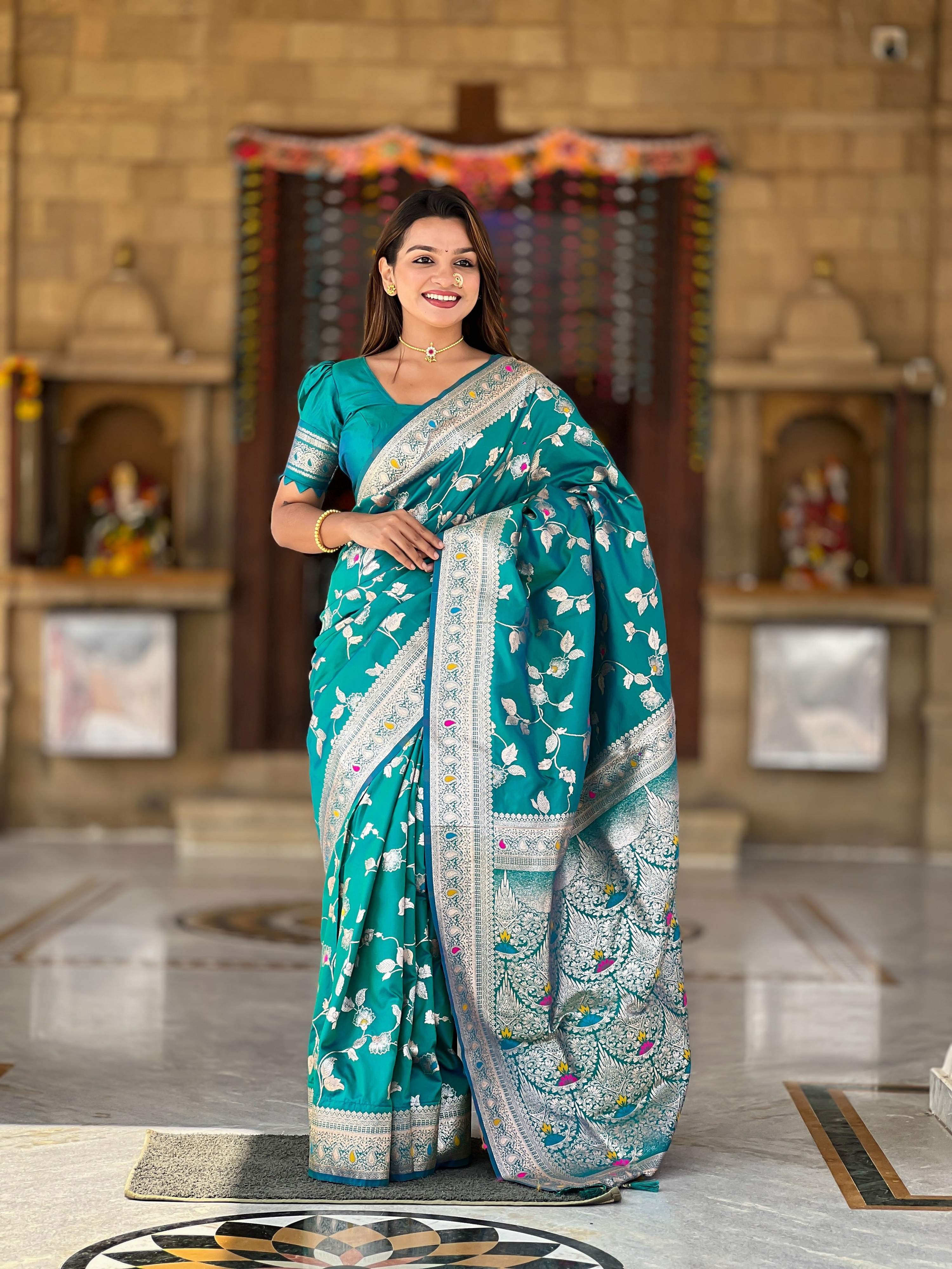 Vedant Vastram Soft Litchi Silk Banarasi Silk Jacquard Saree - Rama