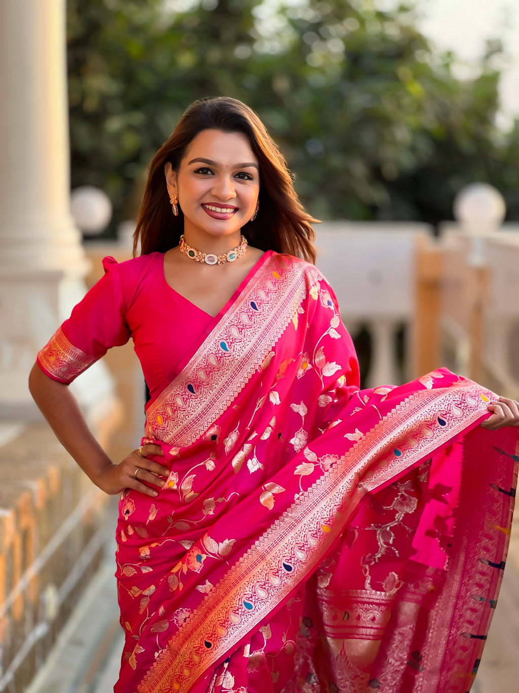 Vedant Vastram Soft Litchi Silk Banarasi Silk Jacquard Saree - Rani