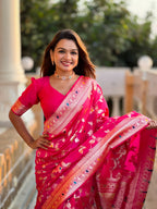 Vedant Vastram Soft Litchi Silk Banarasi Silk Jacquard Saree - Rani