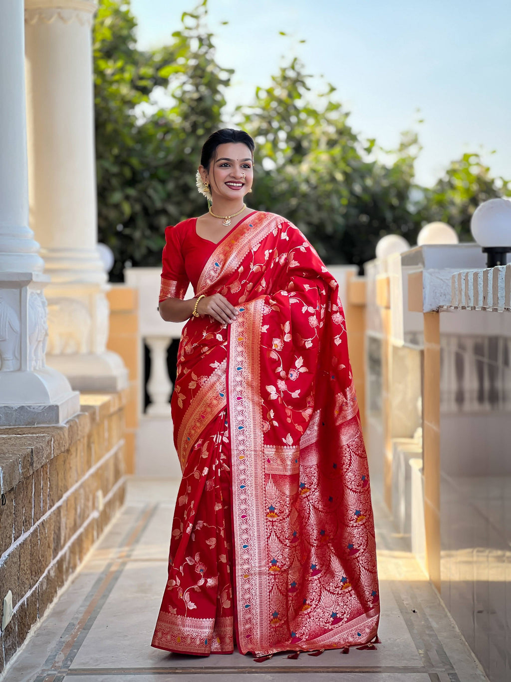 Vedant Vastram Soft Litchi Silk Banarasi Silk Jacquard Saree - Red