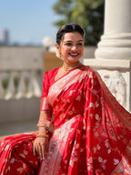 Vedant Vastram Soft Litchi Silk Banarasi Silk Jacquard Saree - Red