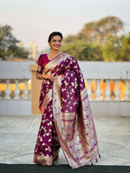Vedant Vastram Soft Litchi Silk Banarasi Silk Jacquard Saree - Wine
