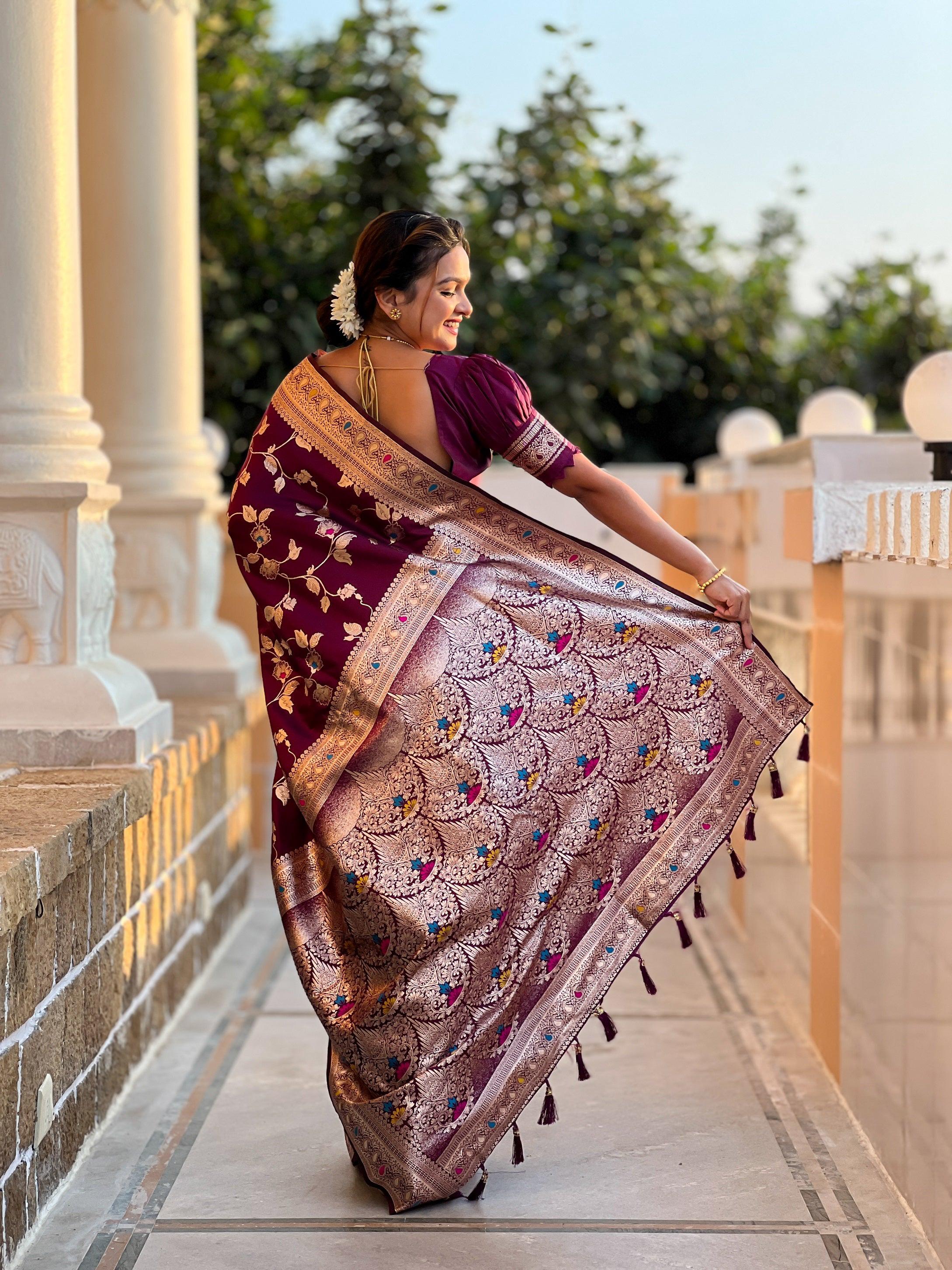 Vedant Vastram Soft Litchi Silk Banarasi Silk Jacquard Saree - Wine