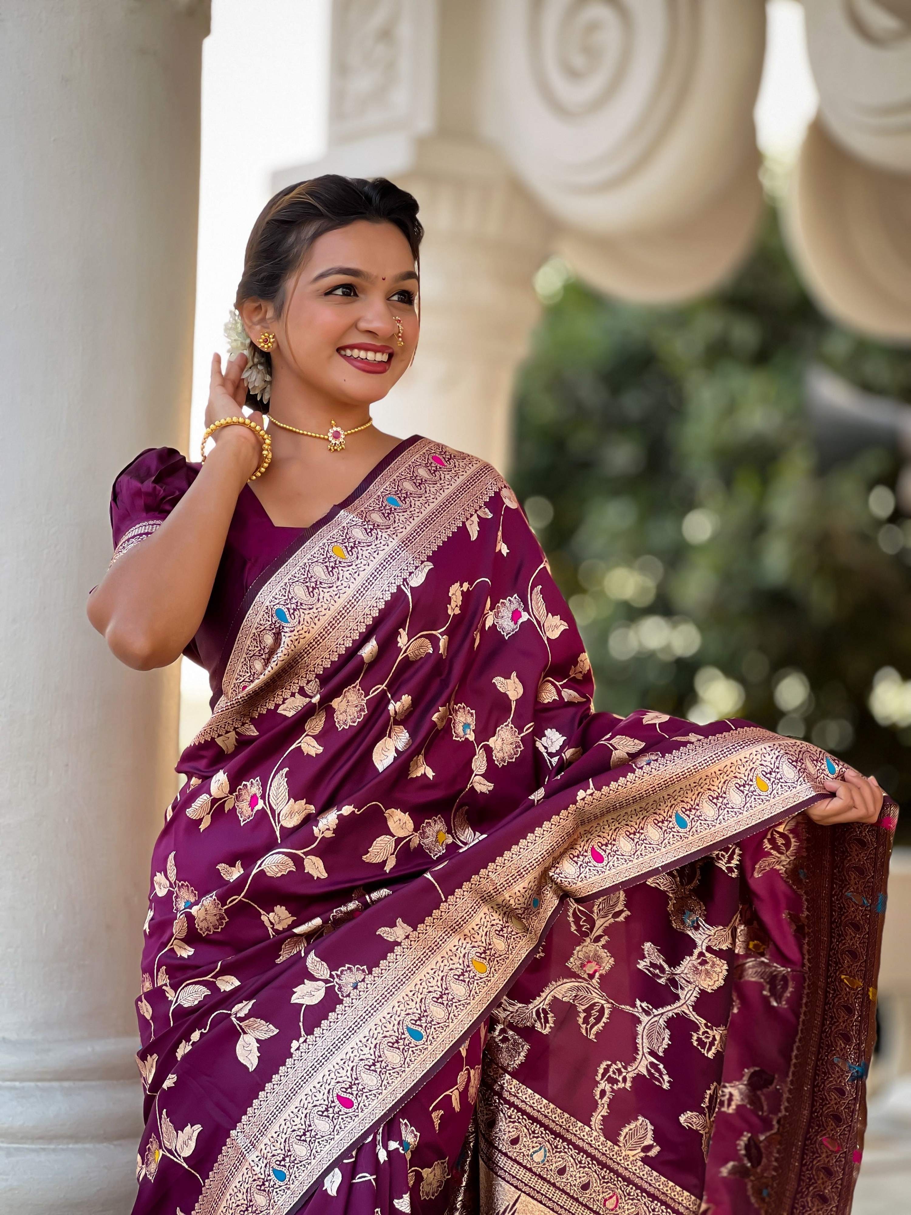 Vedant Vastram Soft Litchi Silk Banarasi Silk Jacquard Saree - Wine