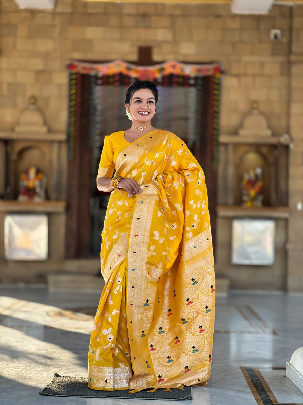 Vedant Vastram Soft Litchi Silk Banarasi Silk Jacquard Saree - Yellow