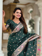 Vedant Vastram Soft Litchi Silk Banarasi Silk Jacquard Saree - Green