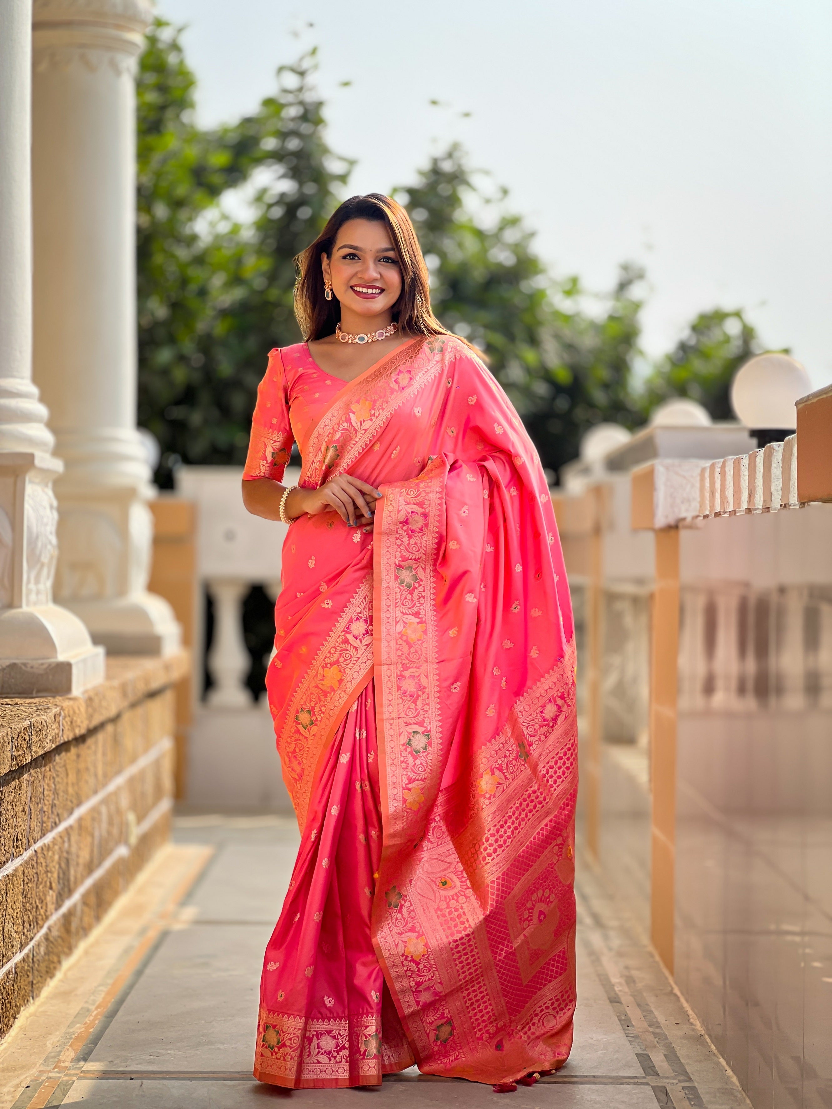 Vedant Vastram Soft Litchi Silk Banarasi Silk Jacquard Saree - Gajri