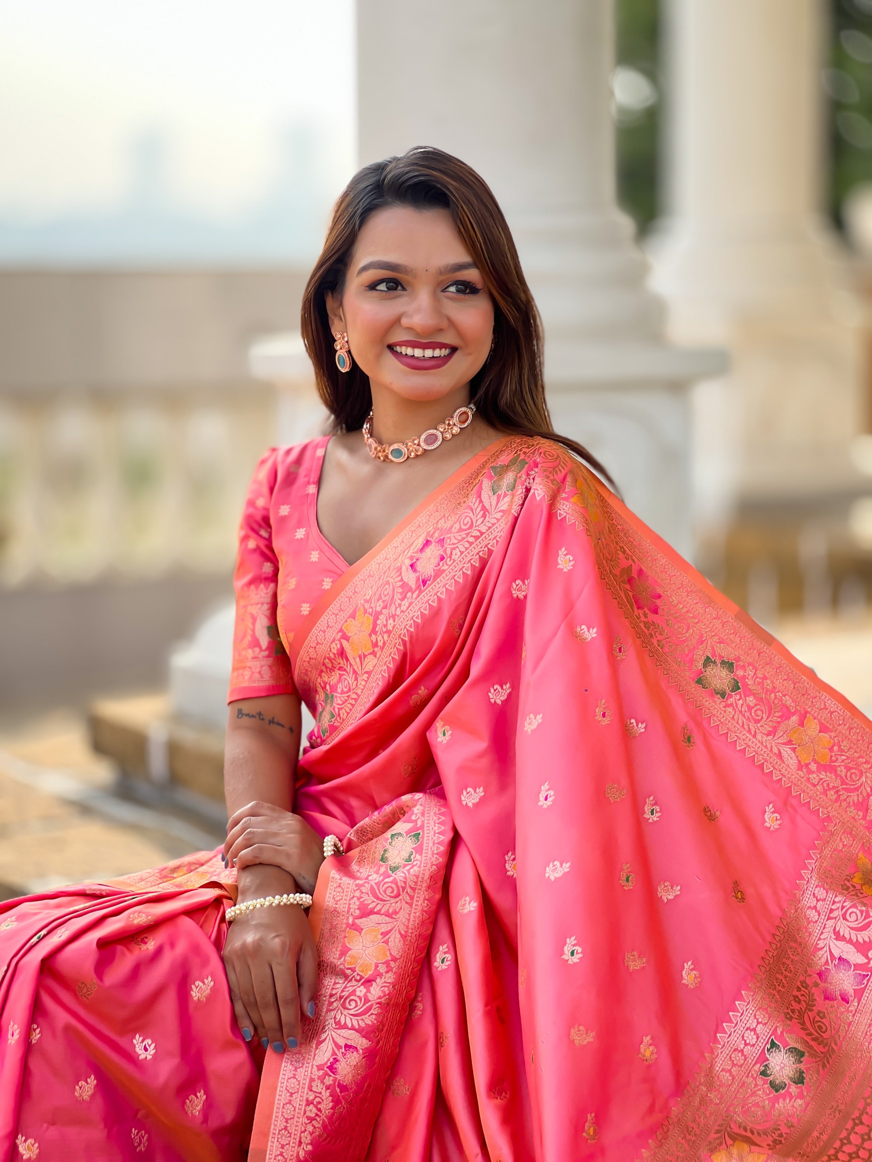 Vedant Vastram Soft Litchi Silk Banarasi Silk Jacquard Saree - Gajri