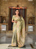Vedant Vastram Soft Litchi Silk Banarasi Silk Jacquard Saree - Pista
