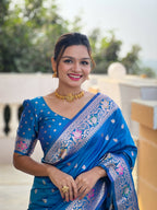 Vedant Vastram Soft Litchi Silk Banarasi Silk Jacquard Saree - Skyblue