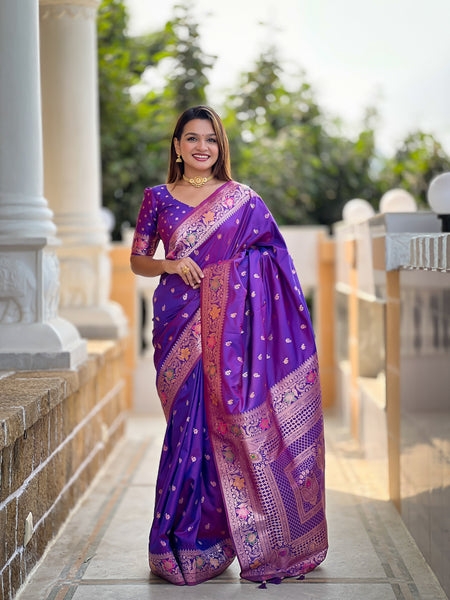Vedant Vastram Soft Litchi Silk Banarasi Silk Jacquard Saree - Violet