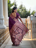 Vedant Vastram Soft Litchi Silk Banarasi Silk Jacquard Saree - Wine