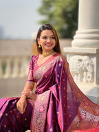 Vedant Vastram Soft Litchi Silk Banarasi Silk Jacquard Saree - Wine