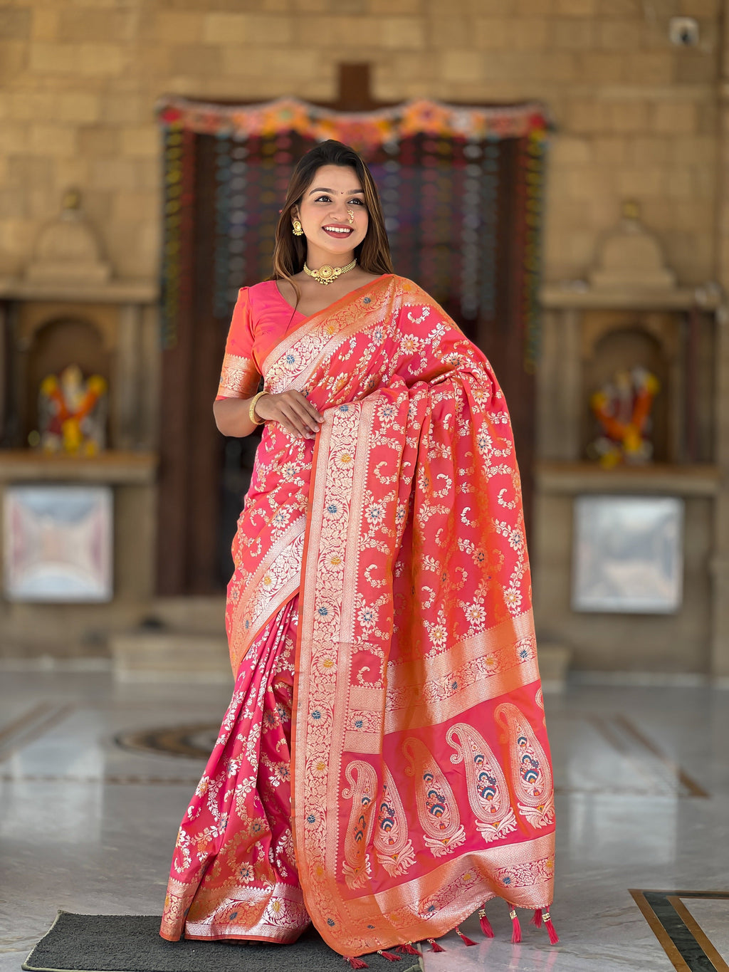 Vedant Vastram Soft Litchi Silk Banarasi Silk Jacquard Saree - Gajri