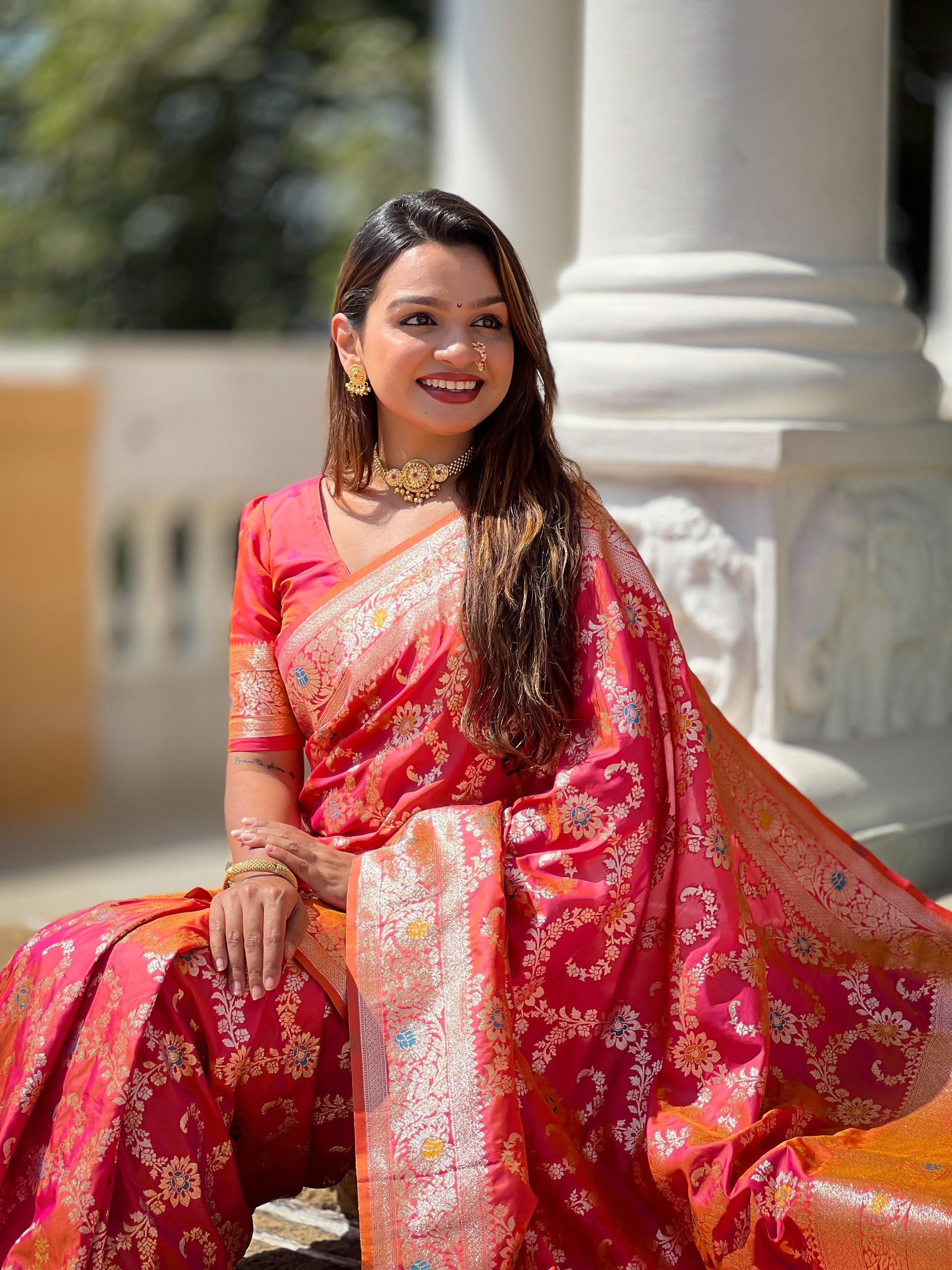 Vedant Vastram Soft Litchi Silk Banarasi Silk Jacquard Saree - Gajri